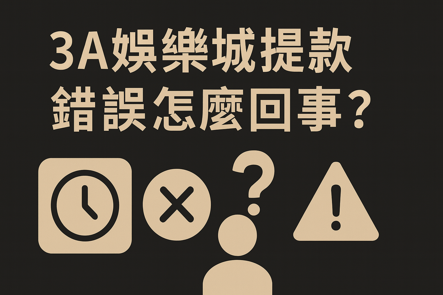 3A娛樂城提款錯誤怎麼回事?深色背景的錯誤提示封面圖,含時鐘圖示、錯誤符號與警告標誌。