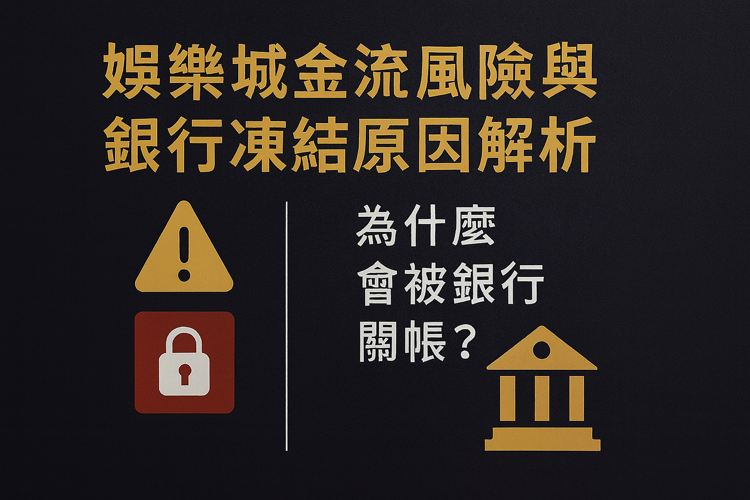 娛樂城金流風險與銀行凍結原因解析主題封面圖,包含警示符號、鎖頭、文件圖示與銀行圖案。