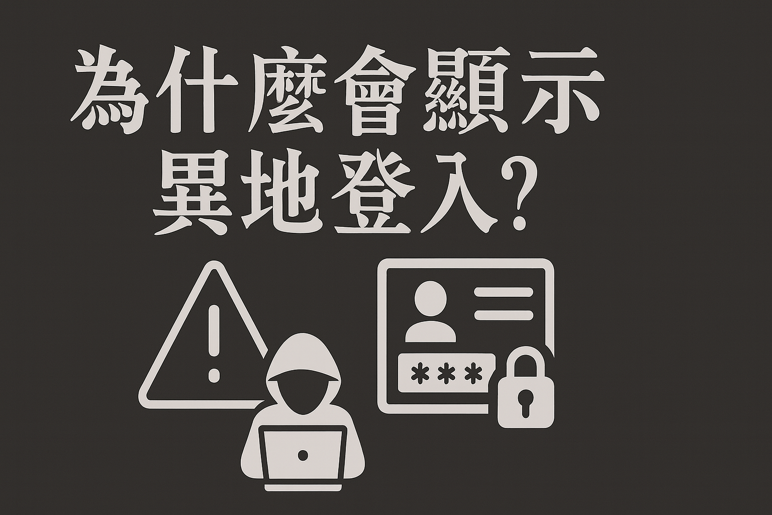 為什麼會顯示異地登入?包含警告符號、駭客圖示與帳號登入介面的深色安全警示封面圖。